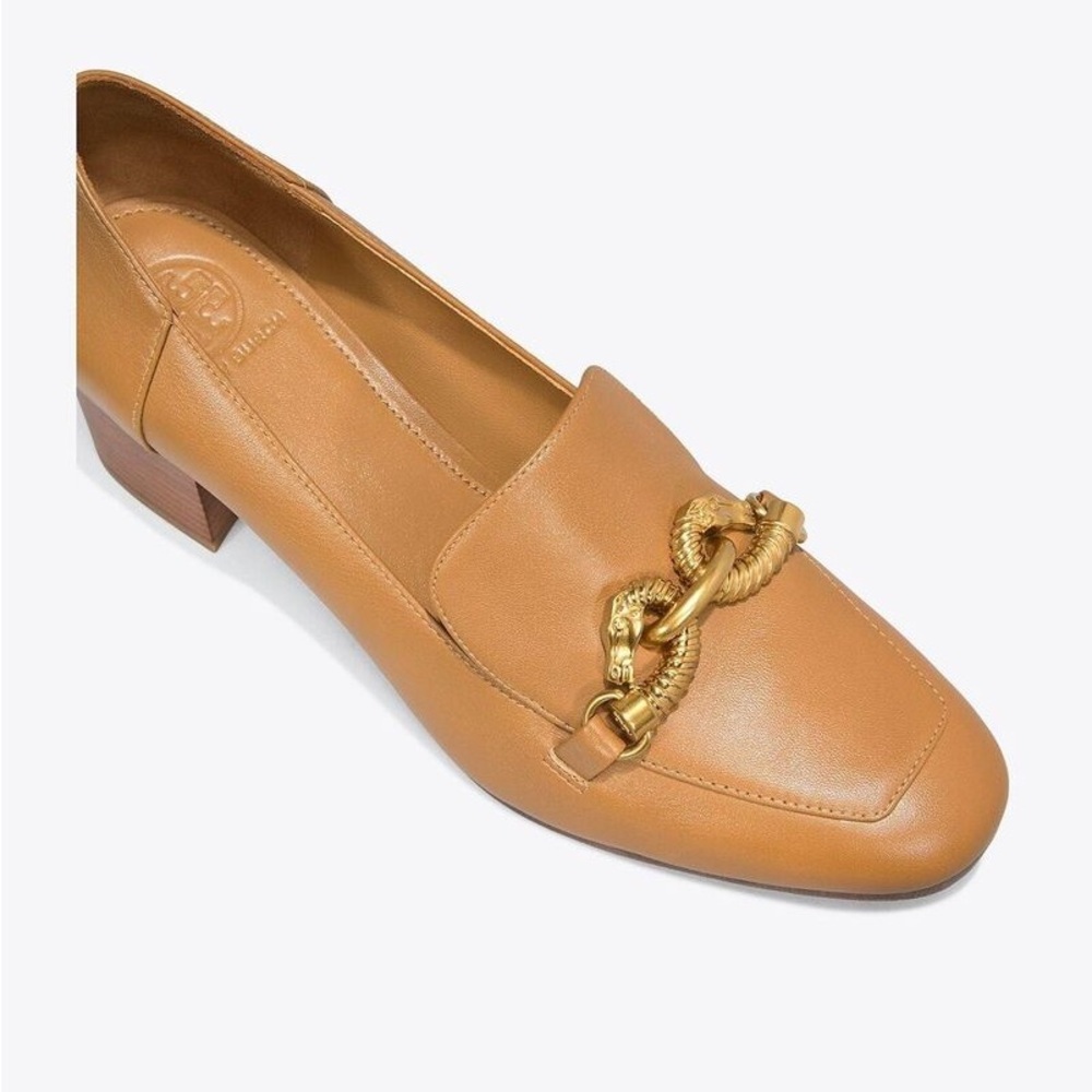 Tory Burch Tan Leather Chain-Trim Loafers